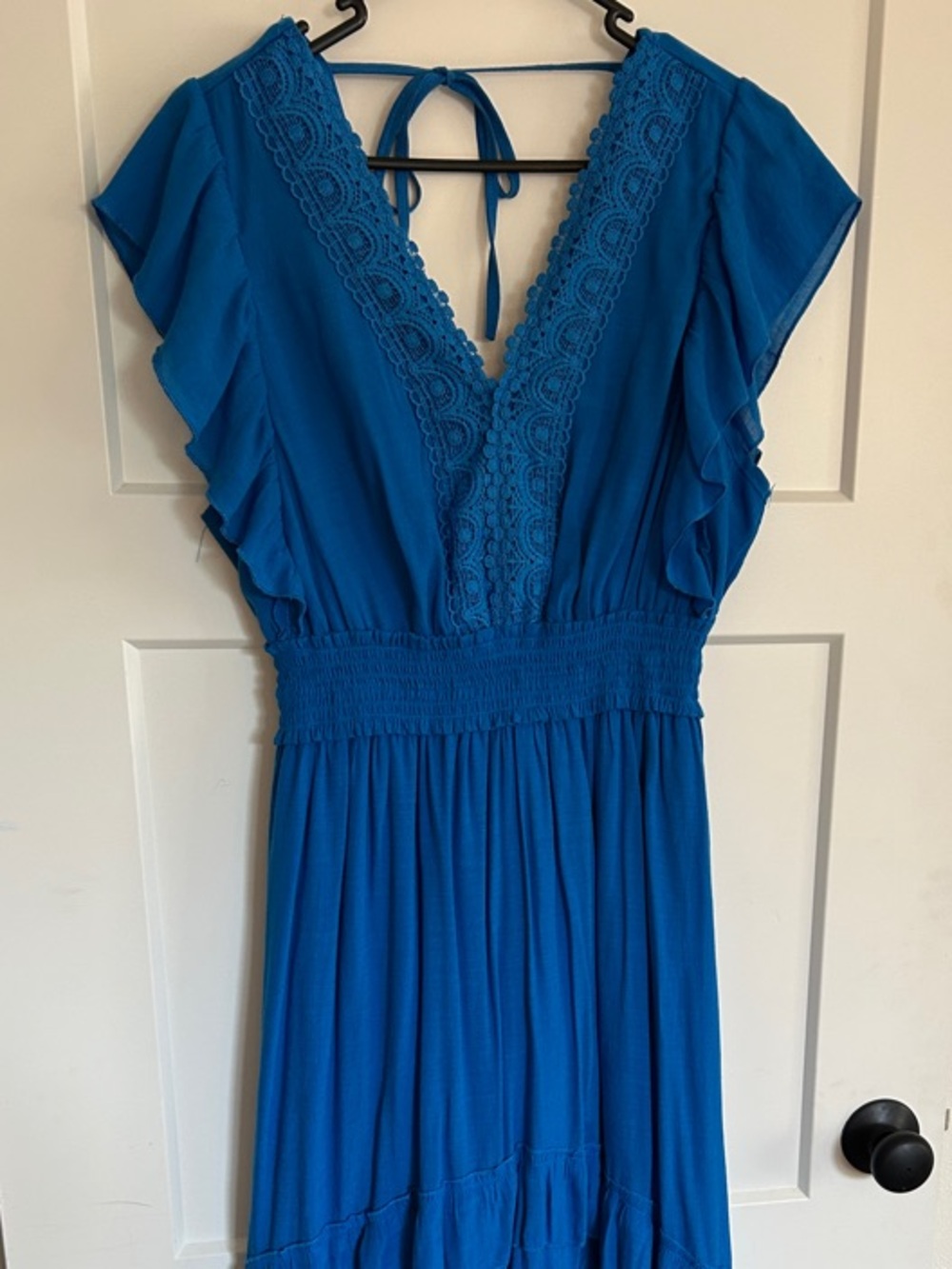 Teal Blue V-Neck Tie-Back Maxi Dress with Ruffle Tiers